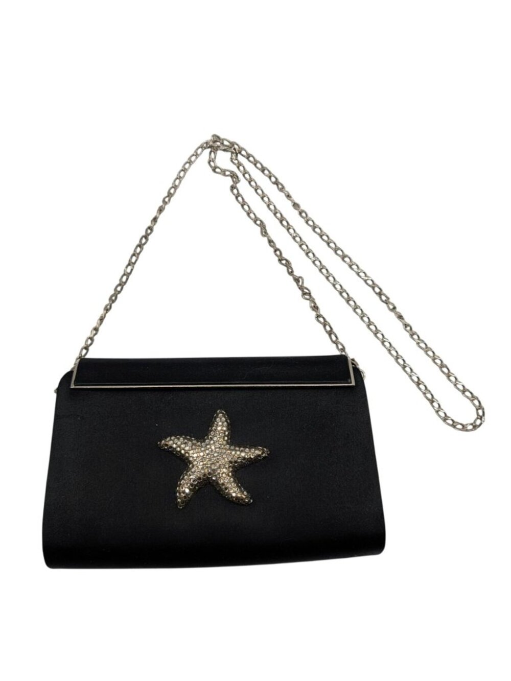 Eliza Gray Starfish Crystal Embellished Black Satin Evening Bag W Silver Chain